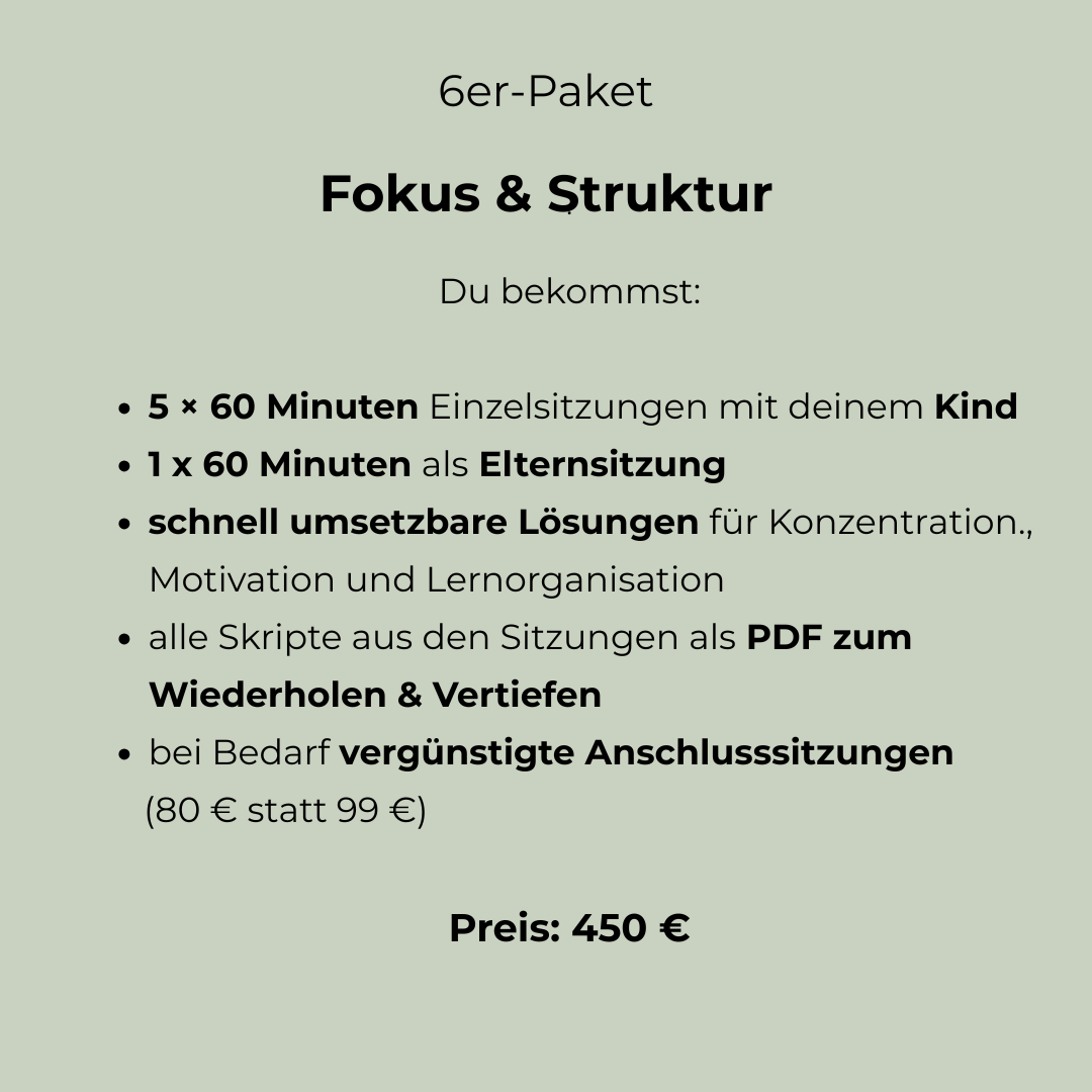 Kontentrationsförderung, Motivation, Lernorganisation, Schulstress runter, entspannte Hausaufgaben