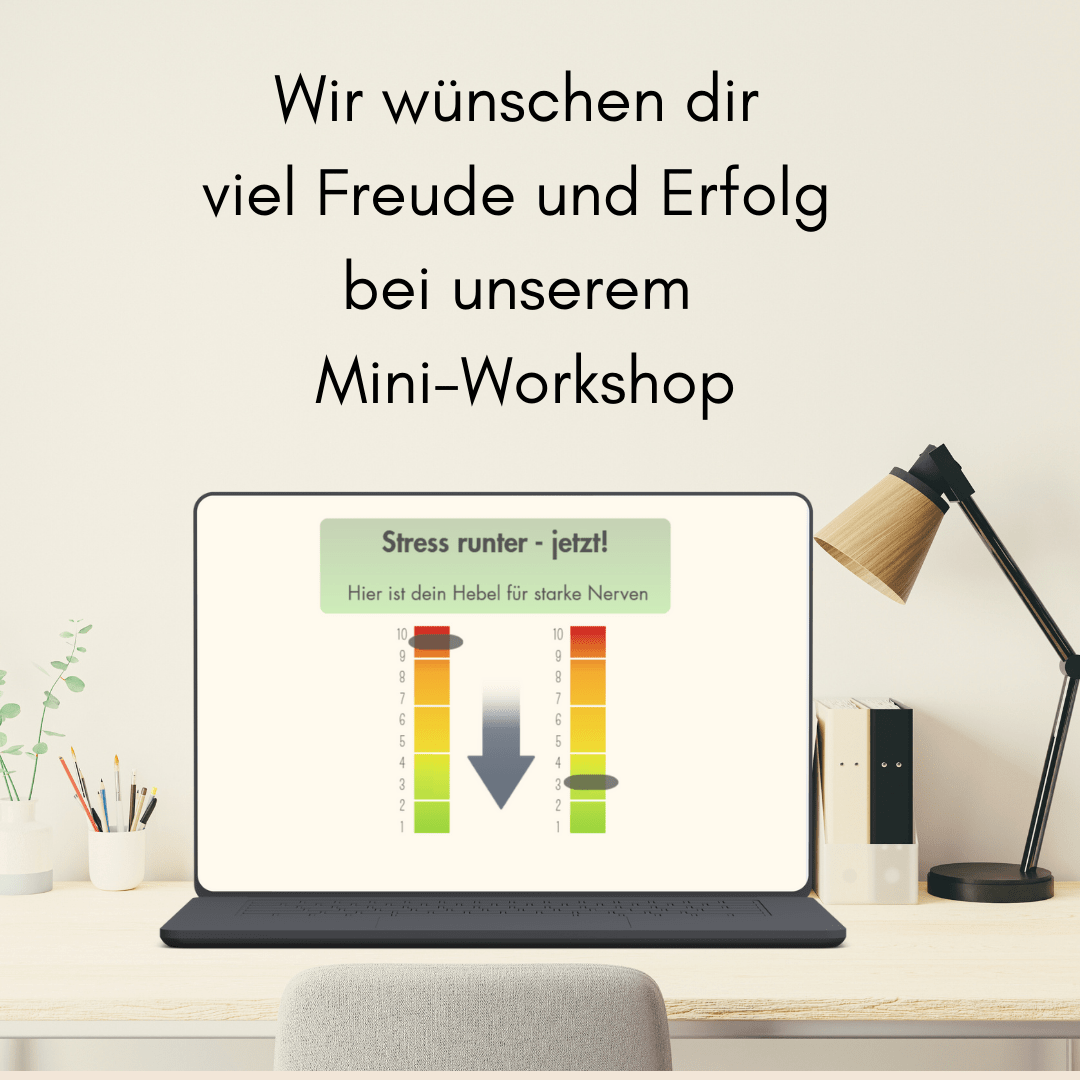 Laptop mit Bildausschnitt aus dem Workshop ‚Stress runter – jetzt‘ sowie der Stressregler-Grafik zur Stress-Regultation für Kinder mit neurodivergenten Lernwegen