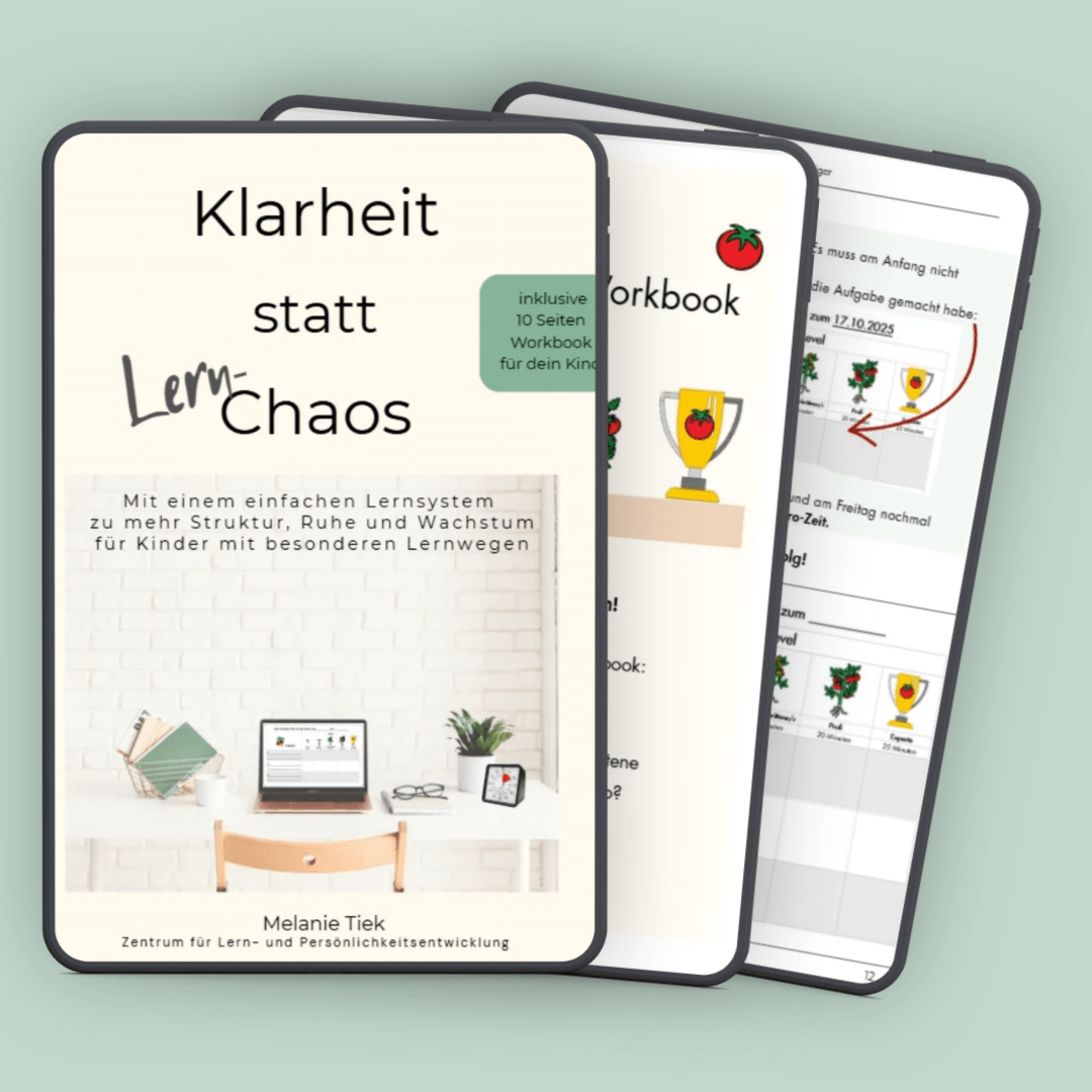 Cover und Mockup zum Buch Klarheit statt Lernchaos - ei einfaches Lernystem bei Konzentrationsproblemen, Lernstress, neurodivergenten Diagnosen wie AD(H)S