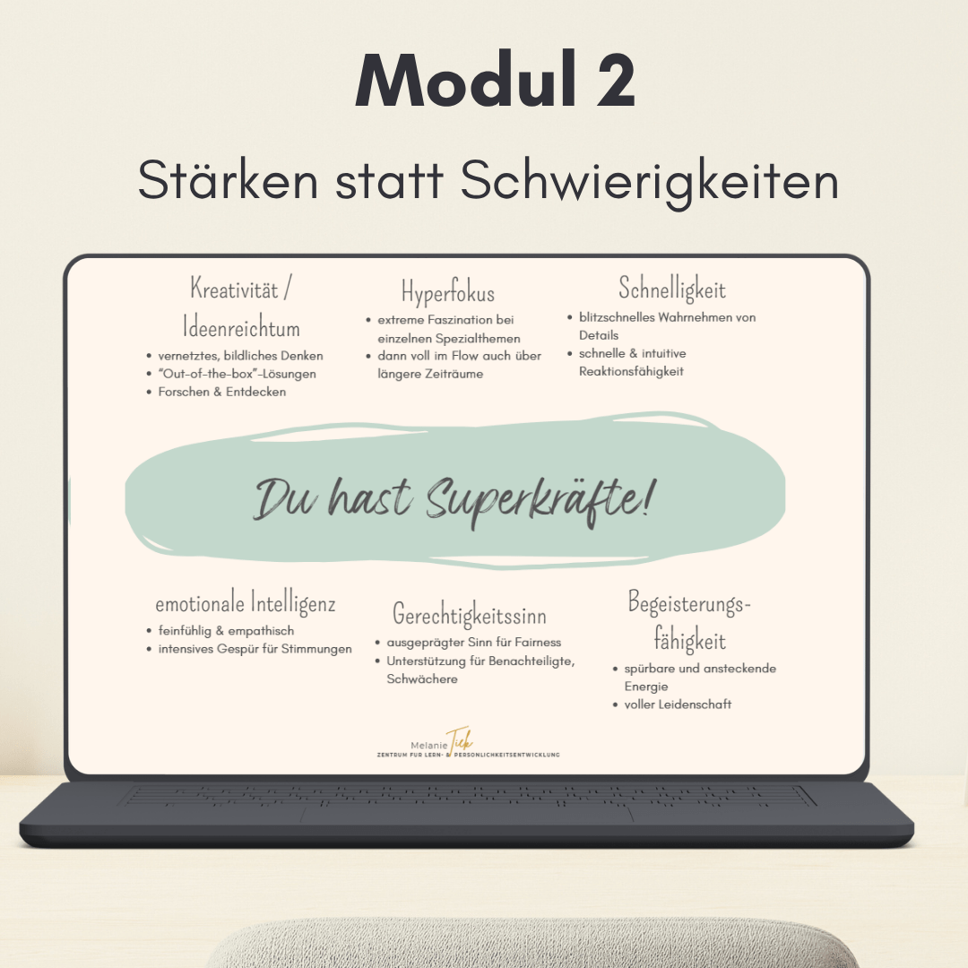 Videokurs_Lernstress_runter_Modul_2 Laptop mit Ansicht aus Videokurs Lernstress runter jetzt Modul 2 Ressourcen und Stärken als Superkräfte bei Neurodivergenz