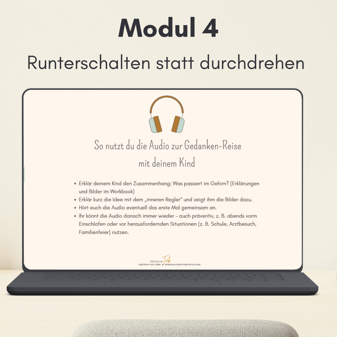 Videokurs_Lernstress_runter_Modul_4 Laptop mit Ansicht aus Videokurs Lernstress runter jetzt Modul 3 Notfallprogramm Gehirn ADHS ADS Neurodivergenz